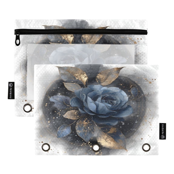 2 Pack 3 Ring Binder Pouch with Clear PVC Window Water Resistant Zipper Pencil Pouch Beautiful Blue Rose Binder Pocket for Classroom Office Home Stationery Organization