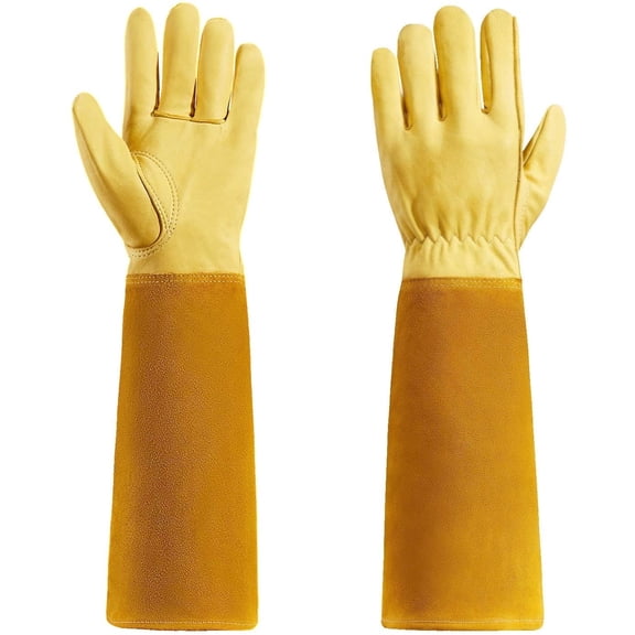 Long-Gardening-Gloves for Women/Men - Thorn Proof Cowhide Leather Rose/Blackberry Pruning Heavy Duty Gloves Thick Palm Gauntlet Garden Work Gloves with Forearm Protection (Yellow-Medium)