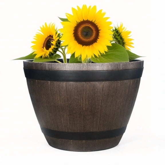 21" Large Whiskey Barrel Planter - Thick PVC Construction w/Drainage Holes, Fade-Resistant Indoor/Outdoor Garden Pot (Brown, Single)