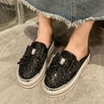 thumbnail image 2 of Black Comfortable Round Toe Slip-On Shoes Women Half-Slip Rhinestone Bow Thick Sole Casual, 2 of 9