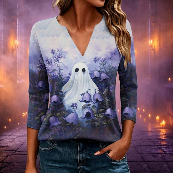 Zorckvet Women's T-Shirt - Ghost Print, 3/4 Sleeve & Notched V-Neck