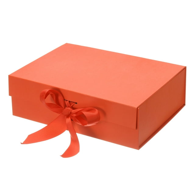 Unique Bargains 10x8x3 Inch Magnetic Gift Box Collapsible Paper Party Favor Boxes with Lid and Ribbon Orange