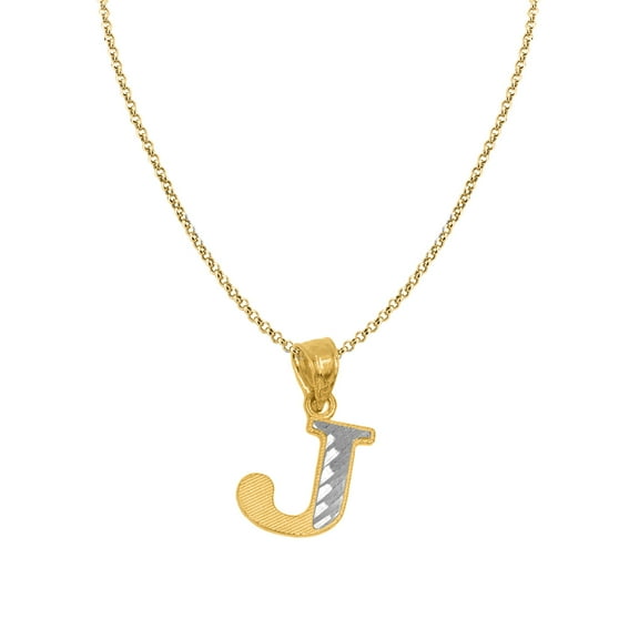 Genuine 14k Two-tone Gold 0.59" Diamond-cut Initial Letter J Necklace 16", 18", 20", 22" Trendy Charm Initial Necklaces for Women