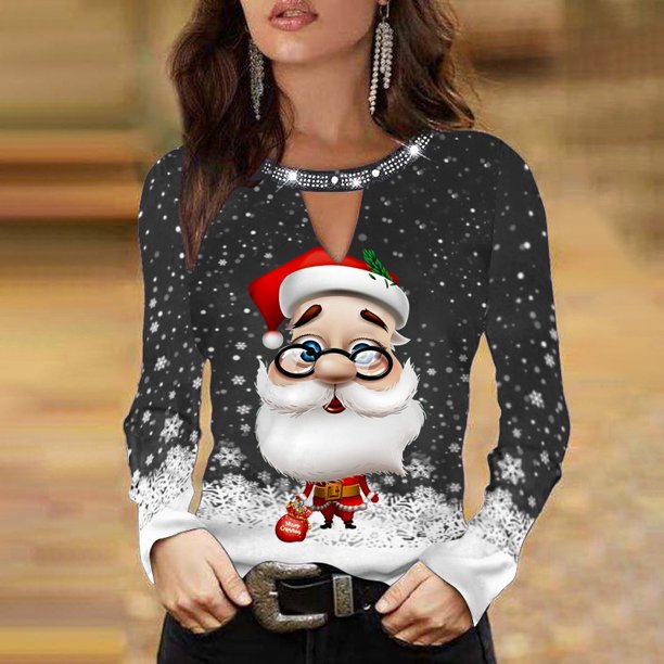 2021 Otoño Europeo Y Americano popular Navidad wishebay Mujer Manga Larga Santa Claus Impreso Camiseta Grande En stockpangjing