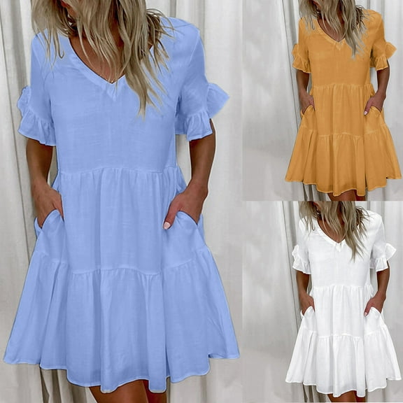 Azrian Womens Plus Size Dresses V-neck Short Sleeve Printed Boho Summer Shift Sundress Mini Dress