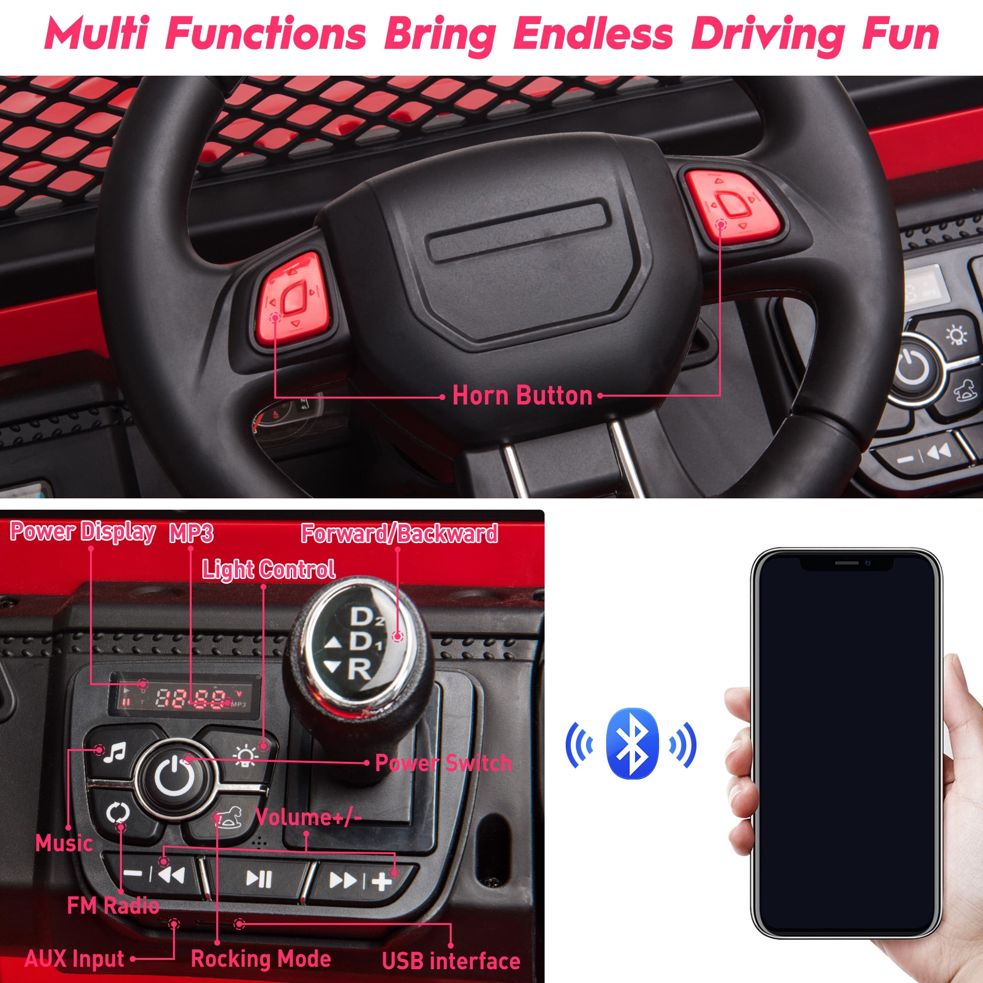 TOBBI 12V Kids Ride on Car, Jeep Car with Remote Control, LED Lights, Music, Horn, Bluetooth, Spring Suspension, Rocking, Red