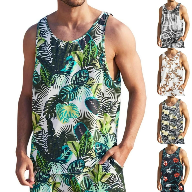 wendunide tank tops men Mens Summer Casual Floral Tank Top Hawaiian Beach Tropical Clothing Mens Tank Tops Green 3XL Walmart