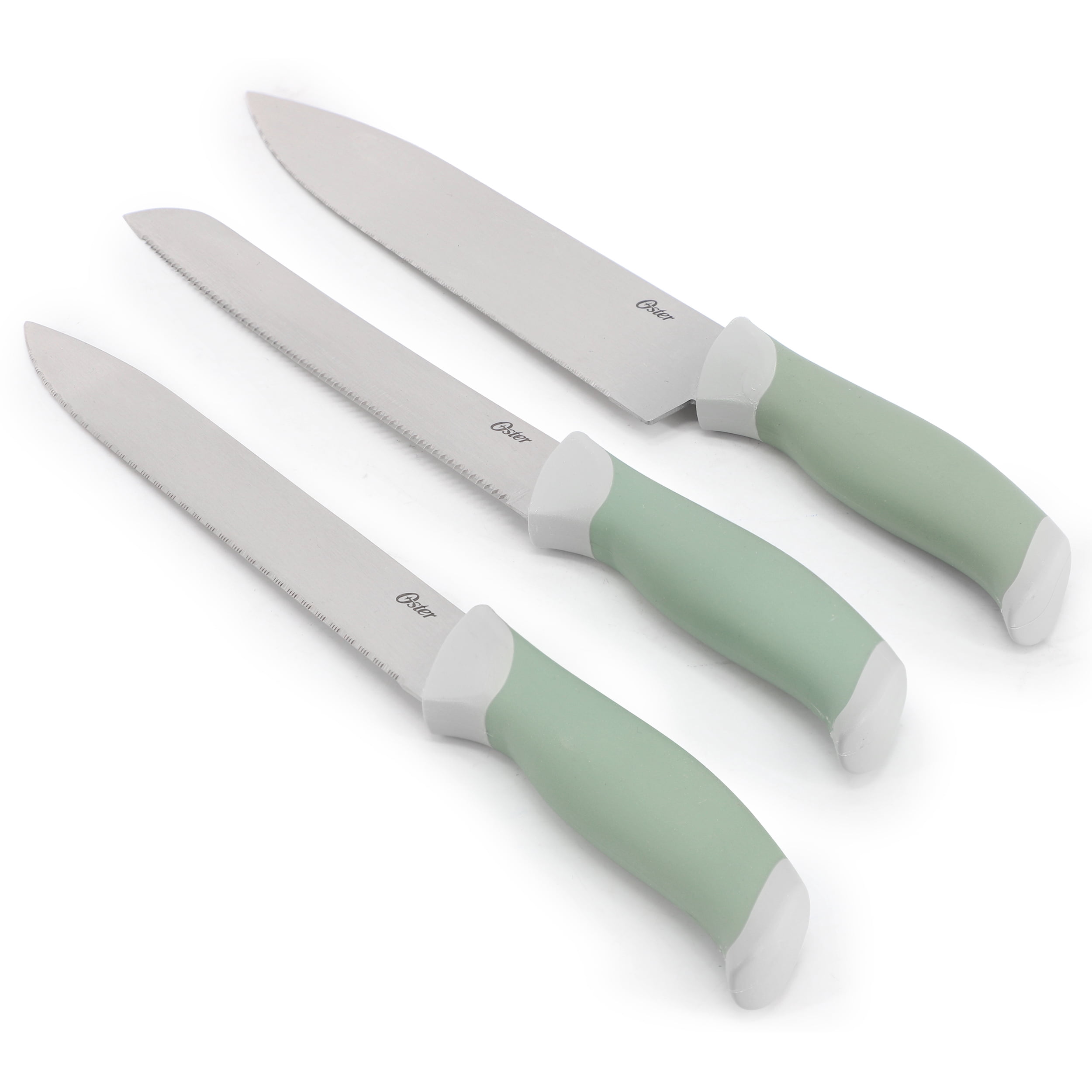 Oster Linbergh 14 Piece Stainless Steel Cutlery and Cutting Board Set in Green with Soft-Grip Handles