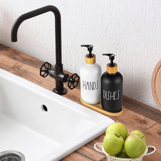 Set De 2 Distributeurs De Savon En Verre 500ml Avec Plateau Bambou - Élégant Et Écologique Pour Cuisine & Salle De Bain