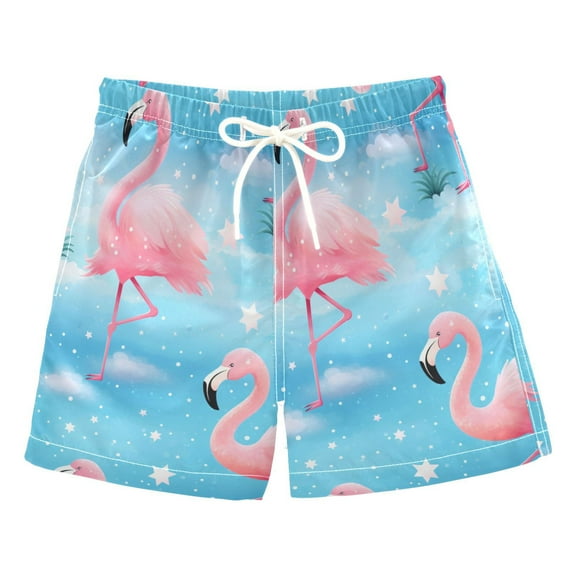 joogoo Boys Swim Trunks Flamingo and Stars Beach Board Shorts Drawstring Swimsuit L