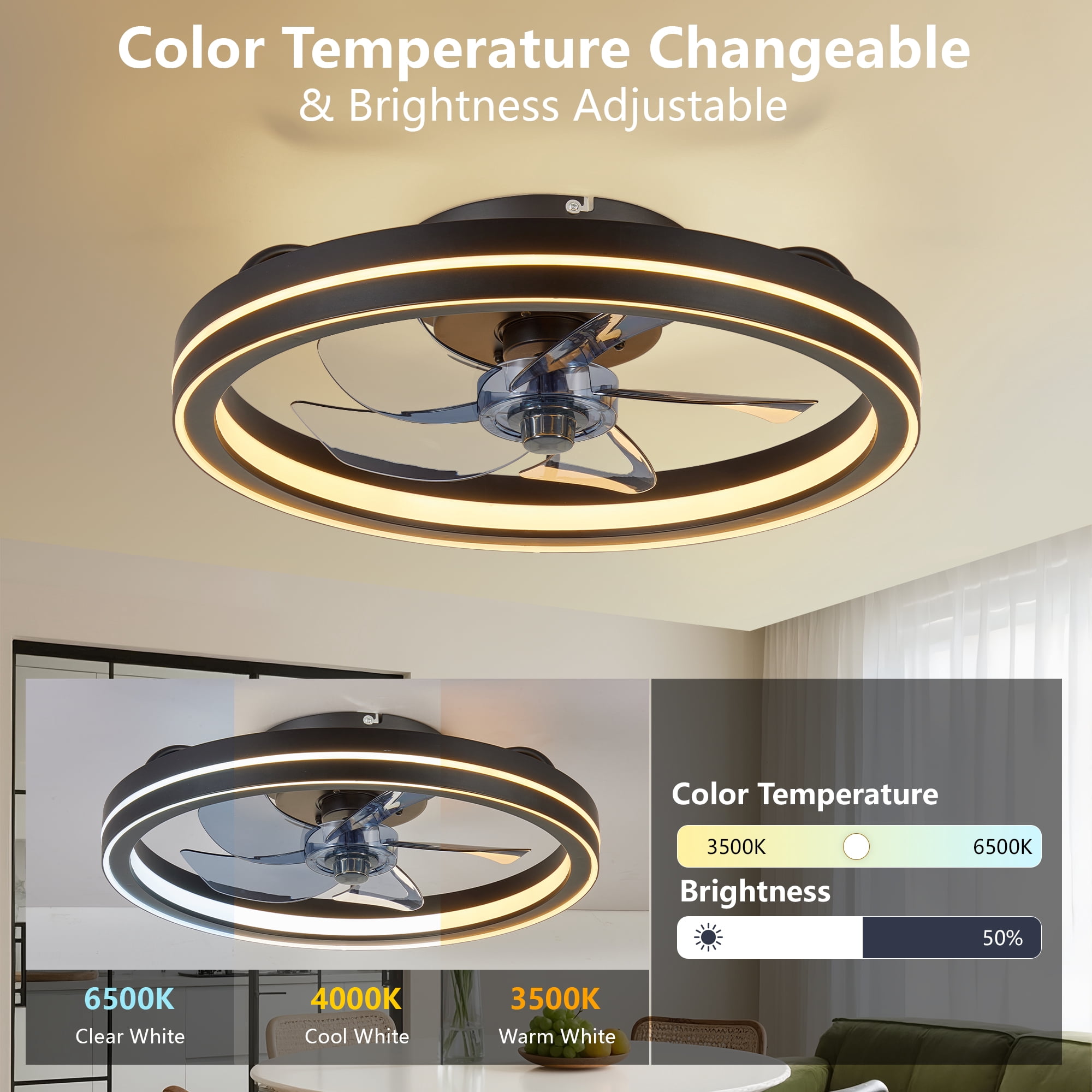 Miniyam 19" RGB Ceiling Fan with Lights and Remote Control, 6 Speed Low Profile Ceiling Fans with Lights, 3 CCTS Modern Bladeless Fandelier, Black