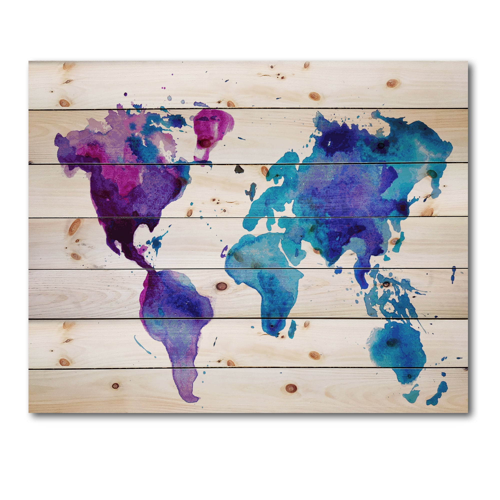 Designart 'Blue and Purple Map Of The World' Modern Print on Natural Pine Wood
