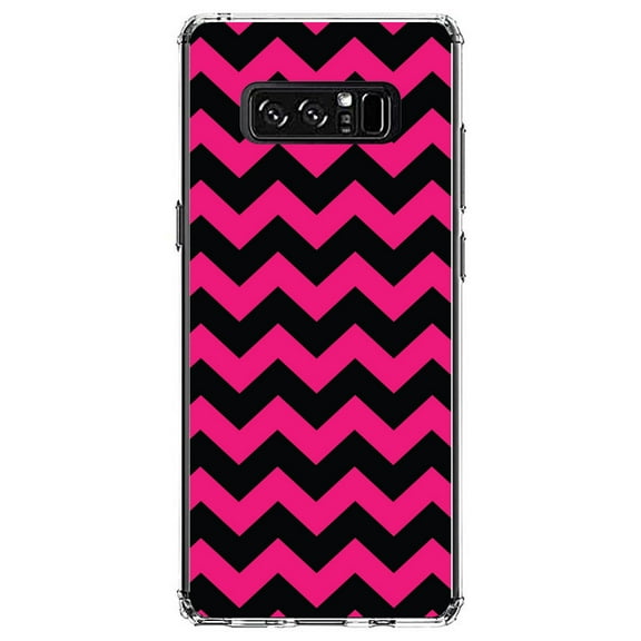 DistinctInk Clear Shockproof Hybrid Case for Samsung Galaxy Note 8 - TPU Bumper, Acrylic Back, Tempered Glass Screen Protector - Black Hot Pink Stripes - Stripes Pattern