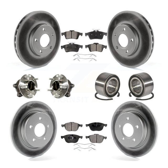 Transit Auto Roulements de Moyeu de Roue avant Arrière avec Rotors de Frein à Disque Enduits et Kit de Tampons Semi-Métalliques (10 Pcs) pour Voiture Ford Focus avec Assistance au Stationnement - Côté Gauche Droit (Conducteur Passager) KBB-113207