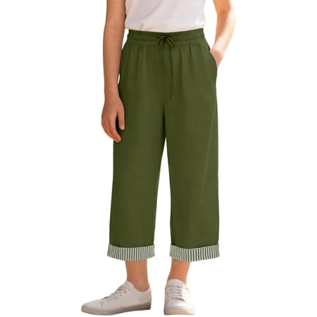 HAYIMI Children Girls High Waist Striped Culottes Casual Summer Pants With And Pockets Comfortable Straight Leg Cropped Wide Leg Solid Color Trousers Kids Breathable Slacks