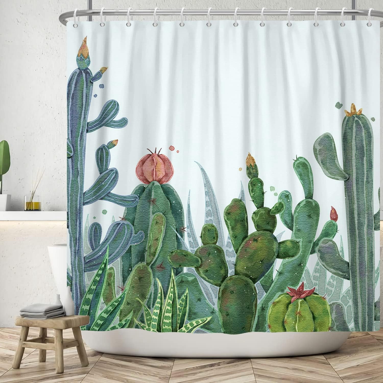 Cactus Shower Curtain Watercolor Tropical Succulent Plants Cactus Flowers Shower Curtains for Bathroom Bathtubs Waterproof Fabric Shower Curtain with Hooks 72x72 Inches