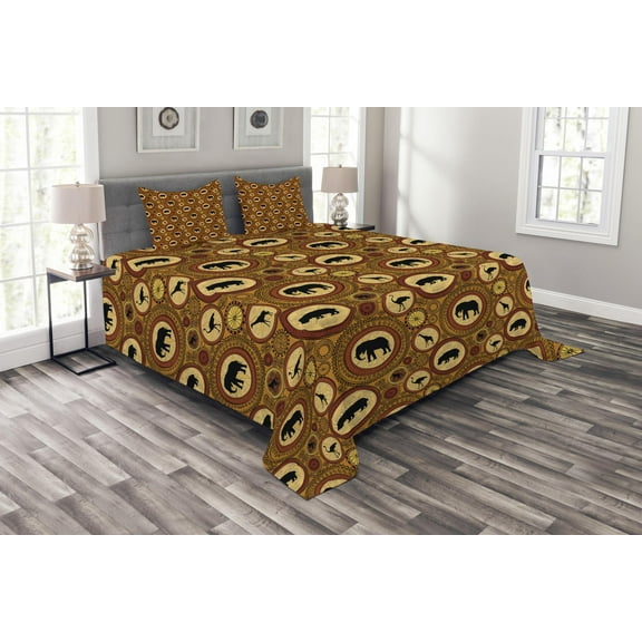 Ambesonne Zambia Quilted Bedspread Set 3 Pcs, African Animals Ethnic Style, Queen Size, Cinnamon Ginger and Black