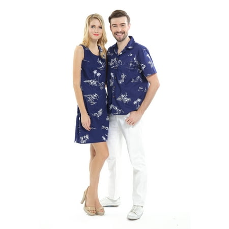 Couple Matching Hawaiian Luau Cruise Outfit Shirt Dress Classic Navy Men XL Women 2XL