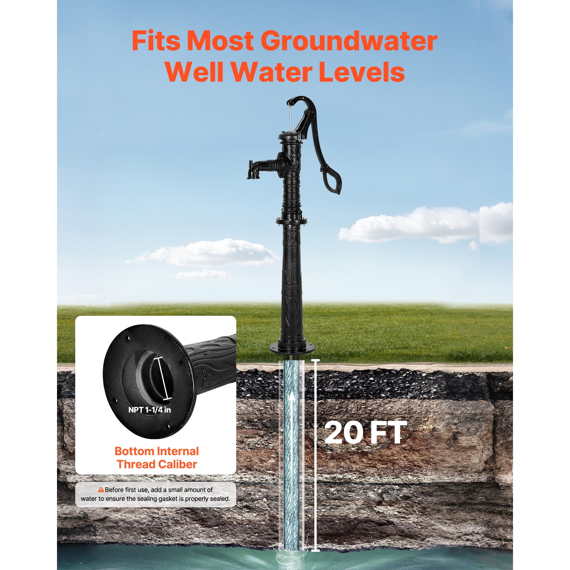 KFFKFF Cast Iron Hand Well Pump  with Base, 20 ft Max Lift, Antique  Manual Water Pump with NPT 1-1/4 in Connection, Decorative Pitcher Pump  for Gardens, Ponds, Yards, and Farms, Black