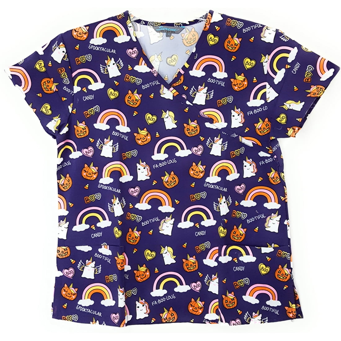 Download DSF Uniforms - Women's Mock Wrap Microfiber Halloween Print Scrub Top Tie Back Medical Uniform ...