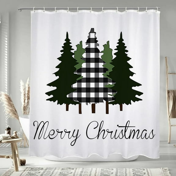 72x72 Inch Merry Christmas Fabric Shower Curtains, Winter Xmas Tree Stall Polyester Bath Curtain Farmhouse Holiday Washable Shower Curtain for Kids Bathroom Decor Waterproof with Hooks