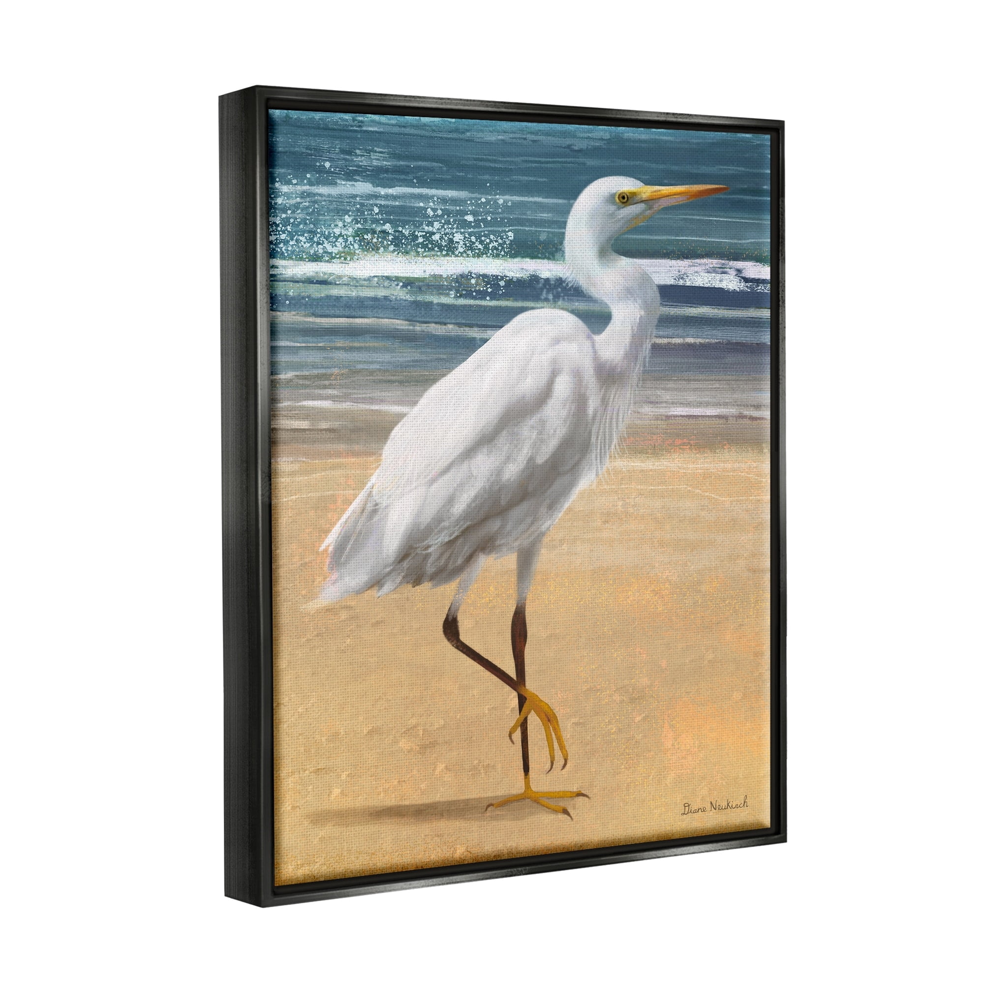 Stupell Industries White Heron Bird Standing Beach Shoreline Waves Painting Jet Black Floating Framed Canvas Print Wall Art, Design by Diane Neukirch