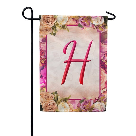 America Forever Spring Monogram Garden Flag Letter H 12.5 x 18 inches Double Sided Vertical Outdoor, Yard, Lawn, Beautiful Floral Design, Garland, Roses and Summer Flowers Garden Flag
