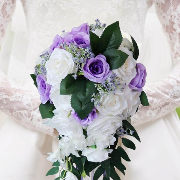 pitrice Wedding Hand Bouquet Bridal Holding Artificial Flowers White + Purple