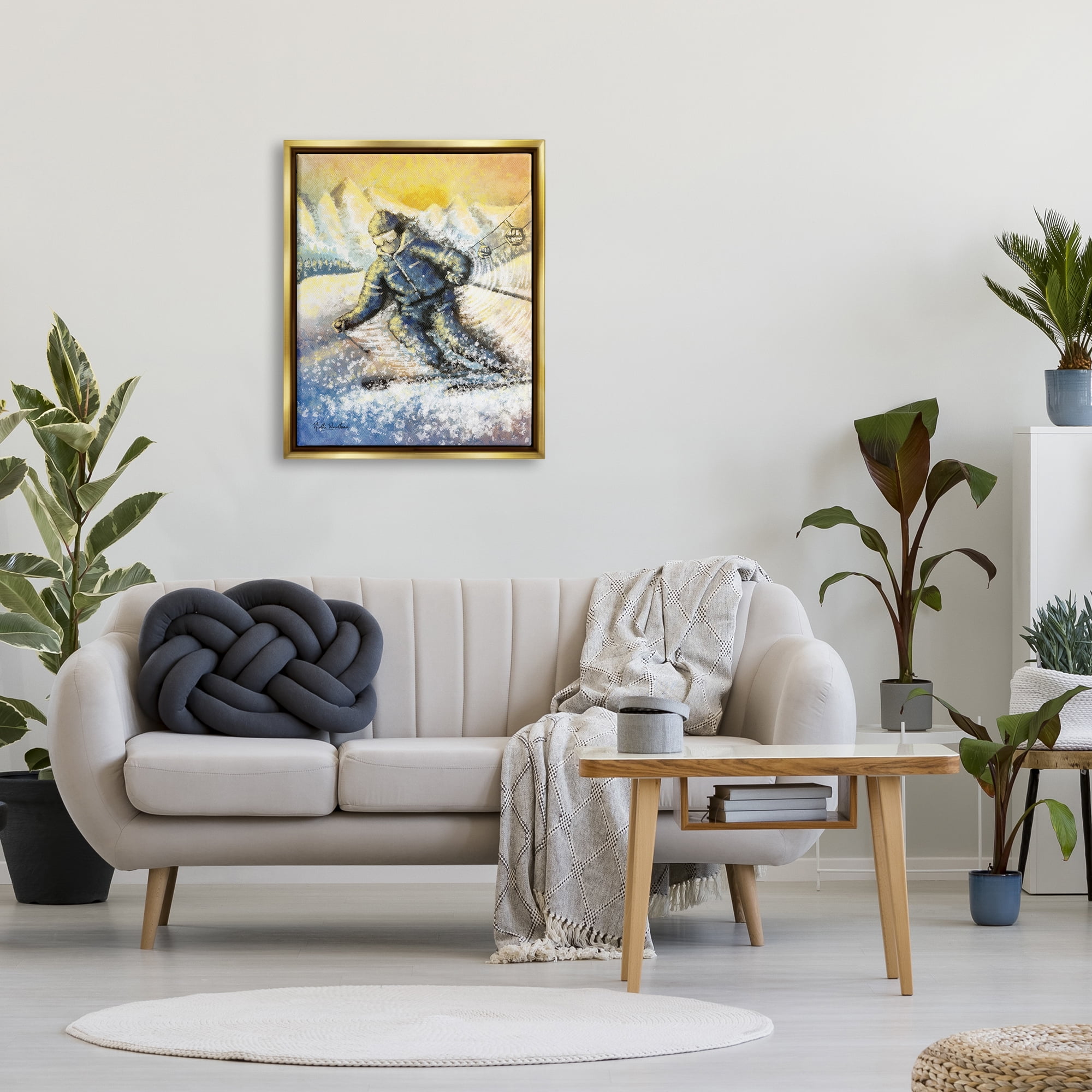 Stupell Industries Person Skiing on Slopes Sports Painting Gold Floater Framed Art Print Wall Art, 25 x 31