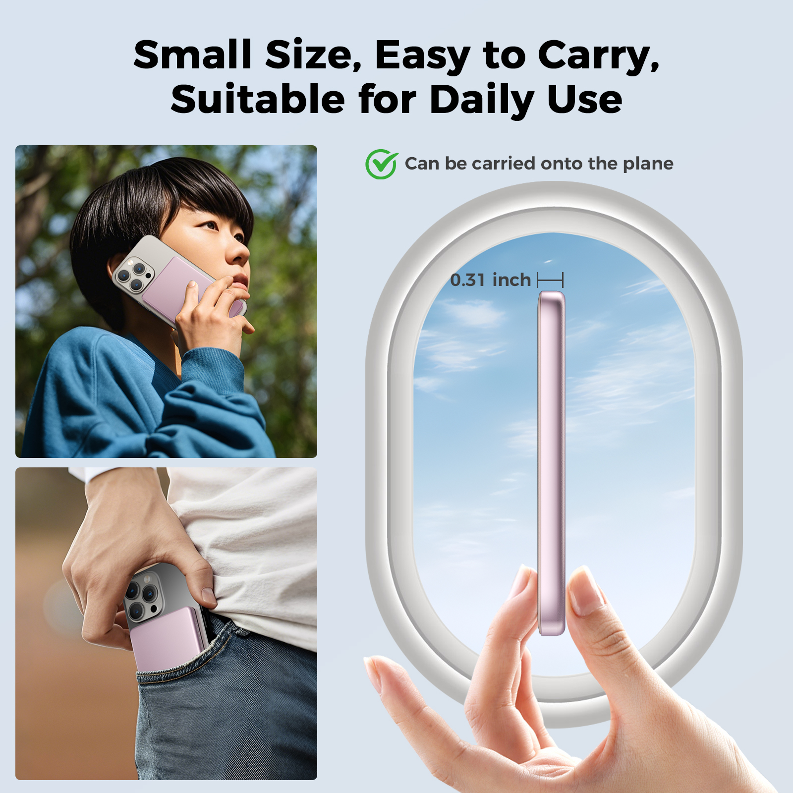 0.3" Ultra Slim MagSafe Portable Charger iPhone, 5000mAh Magnetic Wireless Portable Charger with Fast Charging, Slim MagSafe Battery Pack for iPhone 16 Pro Max/16 Pro/16/15/14/13/12, Pink