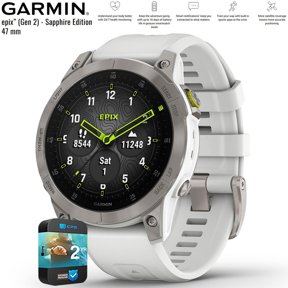 Restored Garmin 010-N2582-20 Epix Gen 2 Premium Active Smartwatch 47 mm White Titanium (Refurbished) Bundle with 2 YR CPS Enhanced Protection Pack