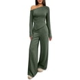 thumbnail image 6 of BRELIL Women Two Piece Sets Cold Shoulder Long Sleeve Tops Wide Leg Pants Casual Lounge Matching Set Solid Basic Pullover Outfits Travel Vacation Loungewear, Army Green M, 6 of 8