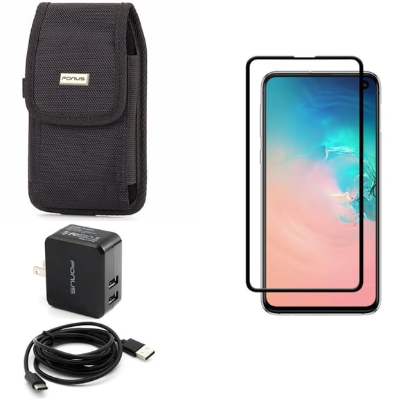 Galaxy S10e Case Belt Clip w Screen Protector w Home Charger - Rugged Holster Canvas, Tempered Glass 5D Curved Edge, 17W 2-Port USB 3.4A for Samsung Galaxy S10e Phone