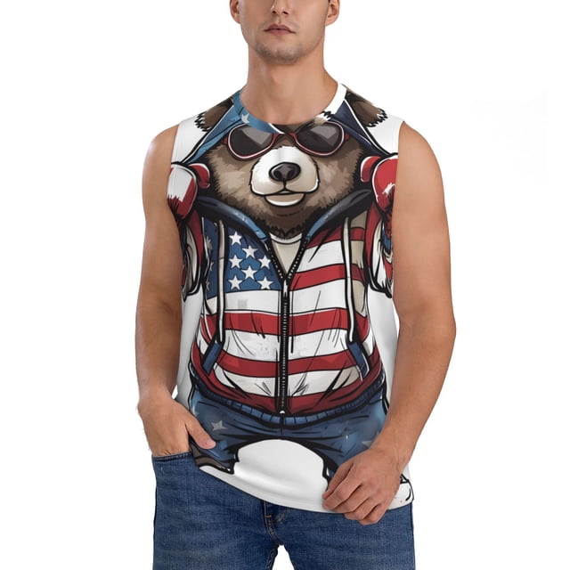 Balery Patriotic Boxing Bear Art Camisetas sin mangas para hombre, absorbe la humedad y protege contra el mal olor.-Large