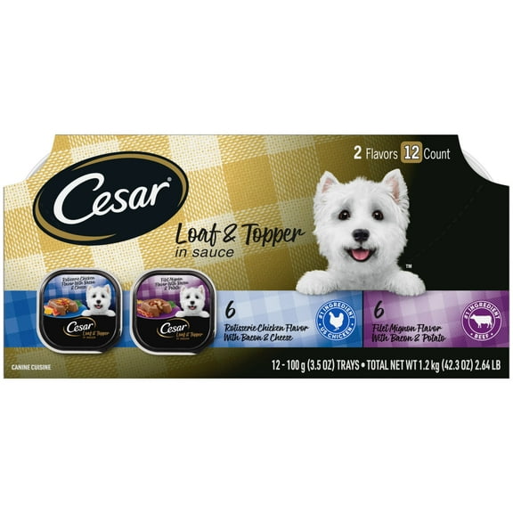 Cesar Loaf And Topper In Sauce Wet Dog Food Variety Pack, 3.5 Oz Trays (12 Pack)