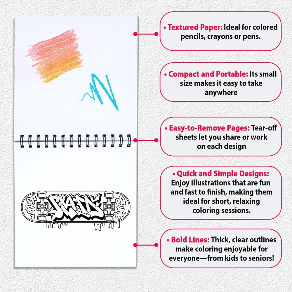 Graffiti Mini Coloring Book Spiral Bound for Adult, Pack 6, 3.5” x 3.5” Pocket Size, 40 Coloring Pages Stress & Anxiety Relief, Travel for Women Men
