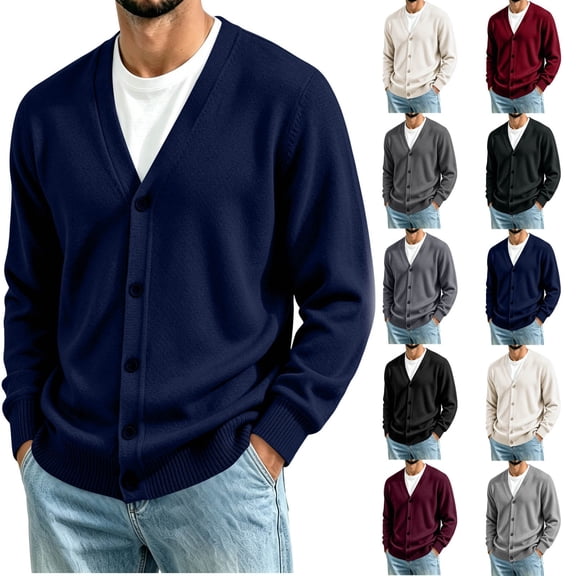 Hvogkswy Mens Cardigan Sweater V-Neck Long Sleeve Button Down Knitted Sweaters Solid Casual Big&Tall Cardigan M-4XL