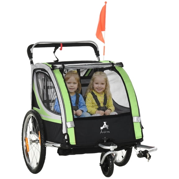 Aosom Child Bike Trailer with Storage, 5 Point Harness, Baby Stroller Green