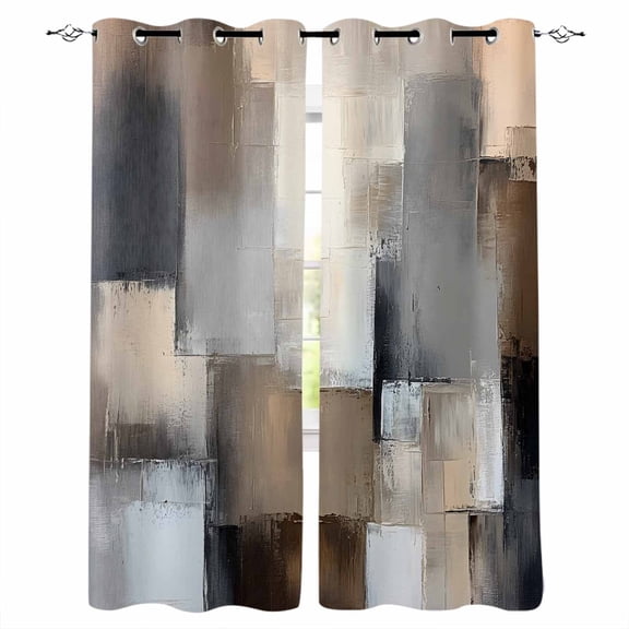 Grey Brown Abstract Blackout Curtains 45 Inches Long for Bedroom, Oil Painting Color Blocks Thermal Insulated Room Darkening Black Out Window Curtain Panels Grommet Drapes for Living Room