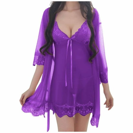 

Women V-neck Lingerie Lace Deep V Teddy Mini Babydoll Mesh Chemise Nightwear Outfits Lace Stitching Nightgown Pajamas