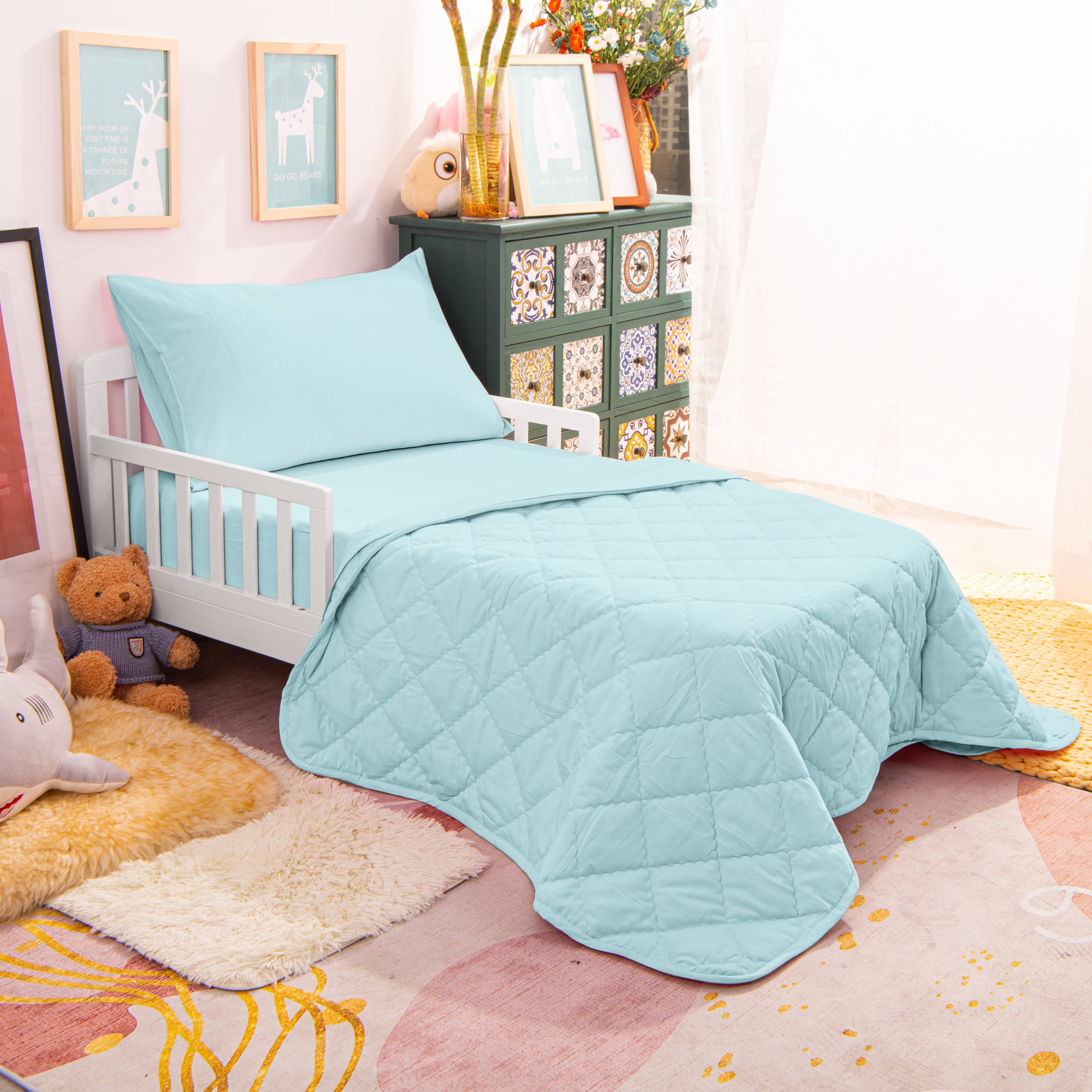 Ntbay 4 Piece Microfiber Toddler Bedding Set, Ultra Soft and Breathable Crib Sheet Set, Includes Quilted Comforter, Fitted Sheet, Flat Top Sheet and Envelope Pillowcase, Aqua Blue