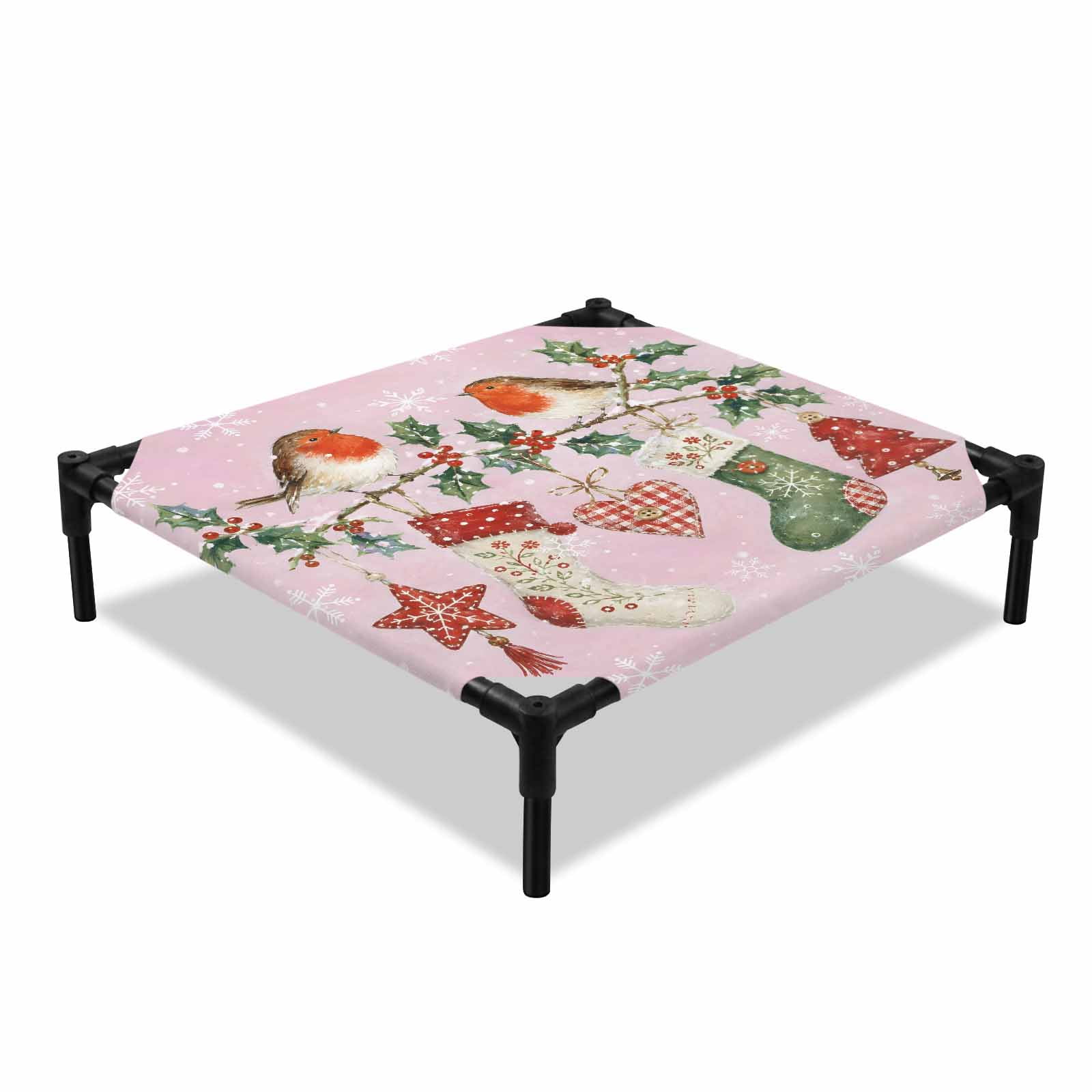 Christmas Elevated Dog Bed Winter Birds Christmas Stockings Star Holly Branch Pink Cooling Breathable Outdoor Raised Dog Cot Bed with Metal Frame Non-Slip Feet for Small Dog 20x20in