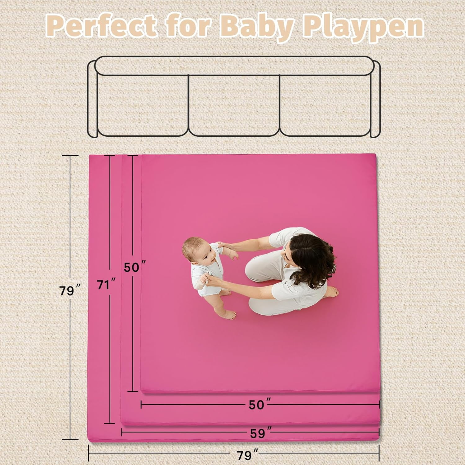 Waterproof Baby Play Mat for Floor Memory Foam 50 * 50 Cushion Playpen Playmat Tummy Time Crawling Mat Nursery Rug Thick Pad Create Soft & Safe Area for Infants,Toddler,Kids,Hot Pink