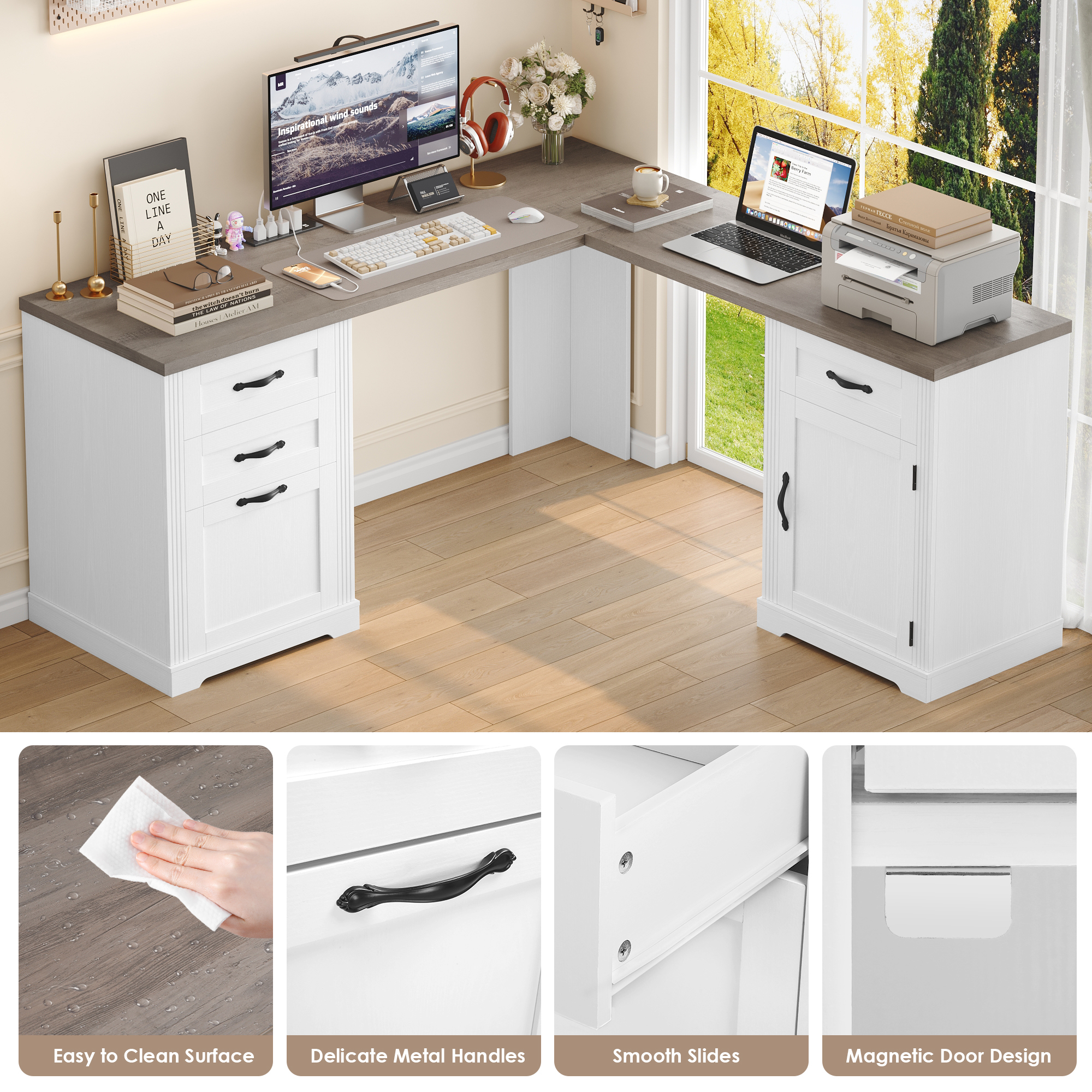 Homfa 59.8‘’W L-Shaped Computer Desk with 4 Drawers and Outlets, Modern White Study Writing Table Desk for Home Office，White