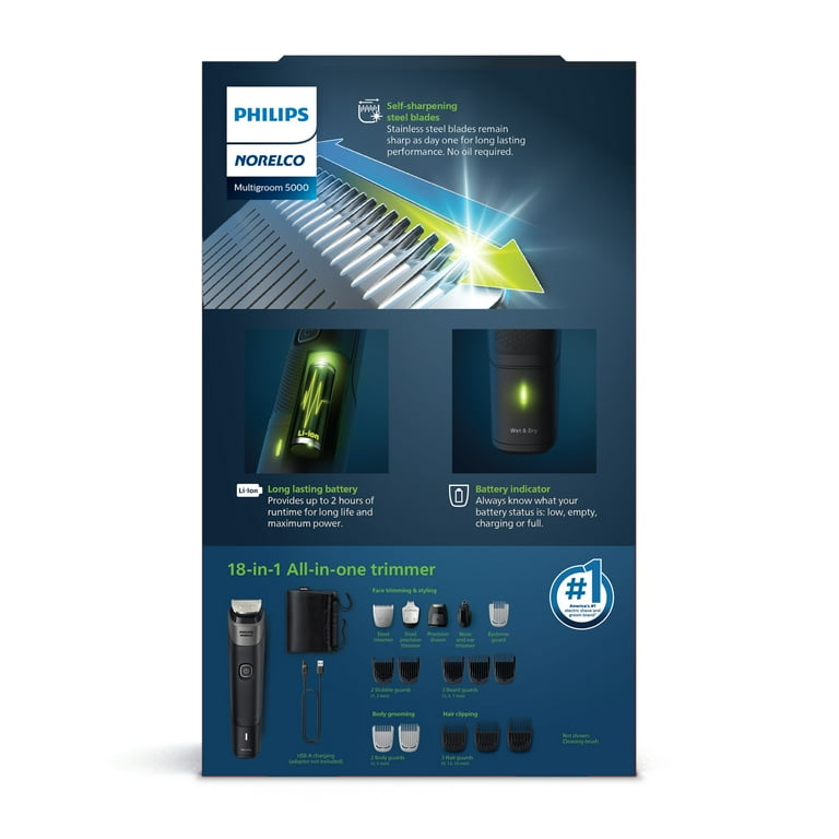 Philips Norelco Multigroom Series 5000 18 Piece Beard Face Hair Body and Intimate Hair Trimmer for Men No Blade Oil Mg5900 49 Size 0.84 lbs