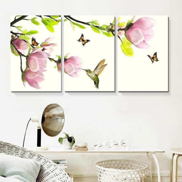 wall263 Panel Canvas Wall Art Pink Magnolia Flowers with Birds and
