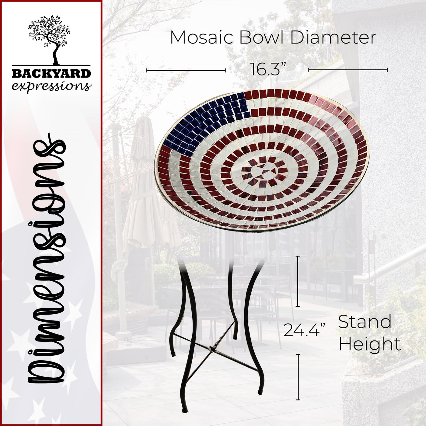 American Flag Mosaic Glass Birdbath With Metal Stand