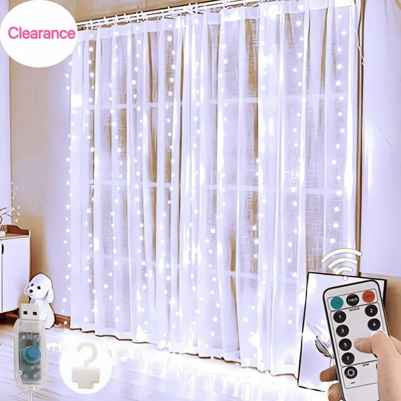 Genreen 300 LED Fairy Curtain Lights, 11.8ft x 11.8ft White Curtain String Lights, Winter Wonderland Decorations, USB Plug 8 Modes LED Christmas String Hanging Lights with Remote for Indoor Outdoor