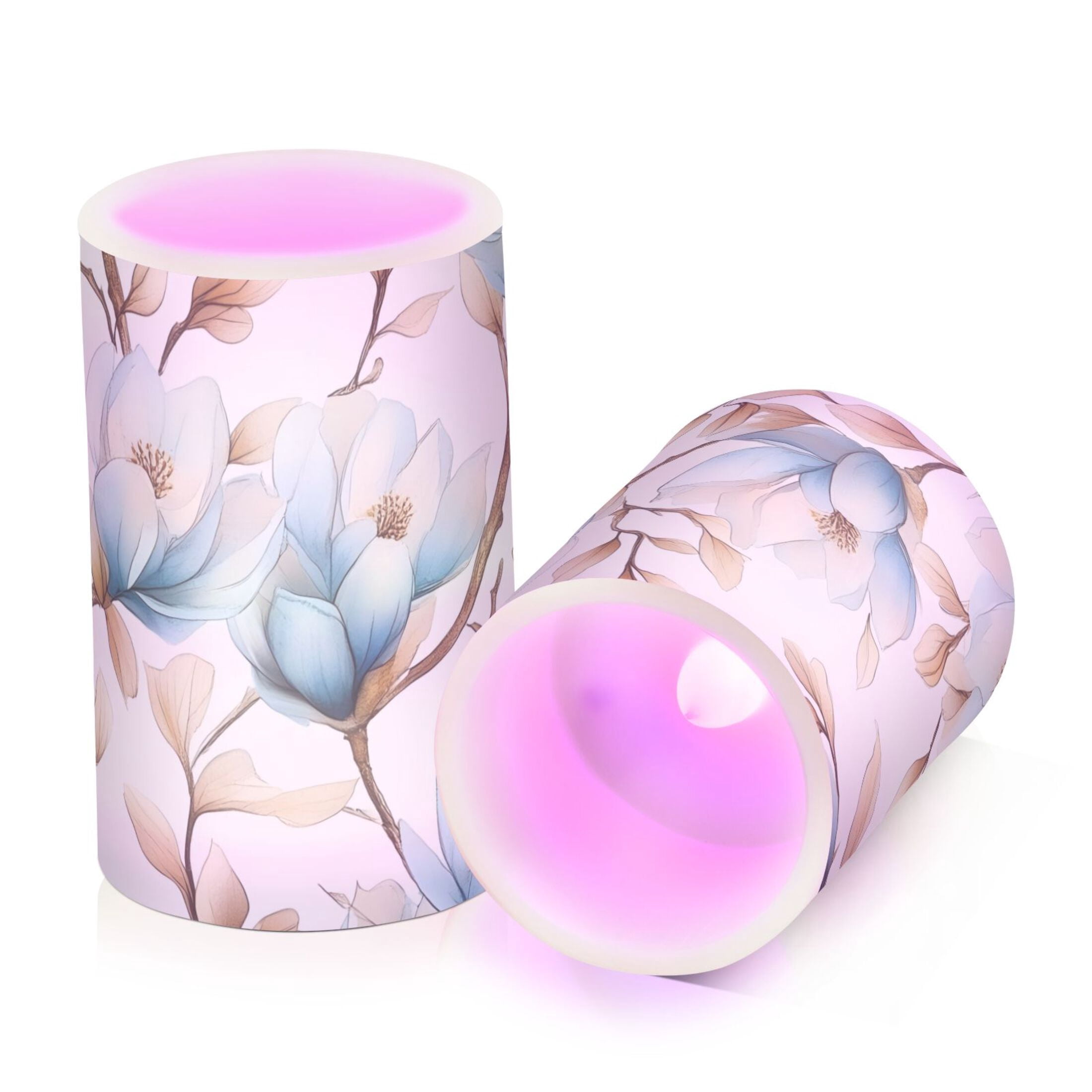 Beautiful Blue Magnolias Flickering Flameless Candles Battery Operated with Remote Timer LED Pillar Candles Set of 2