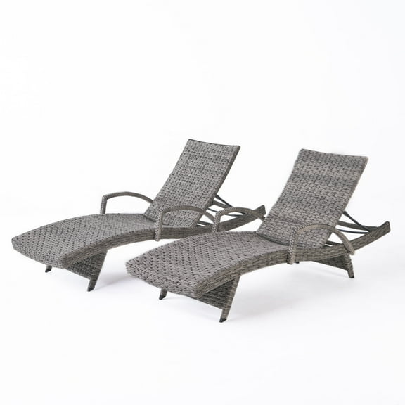 Keira Outdoor Armed Aluminum Framed Wicker Chaise Lounge, Set of 2, Gray